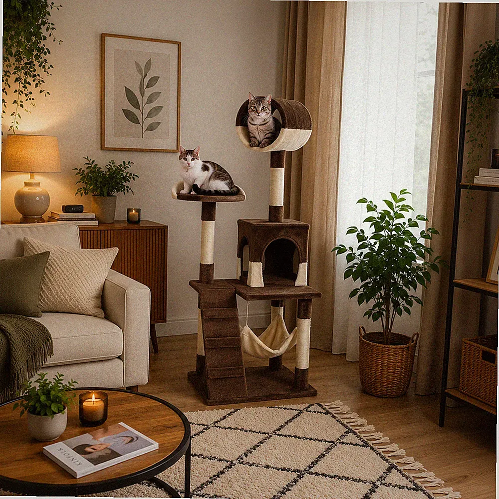 Katzenkratzbaum mit Höhle, Hängematte, Treppe & Liegeplattform, 133 cm