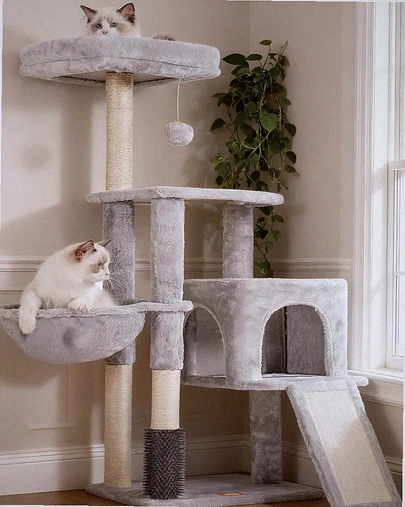 Katzenkratzbaum mit Selbst-Groomer, Spielball, Korb, Plüsch, stabil