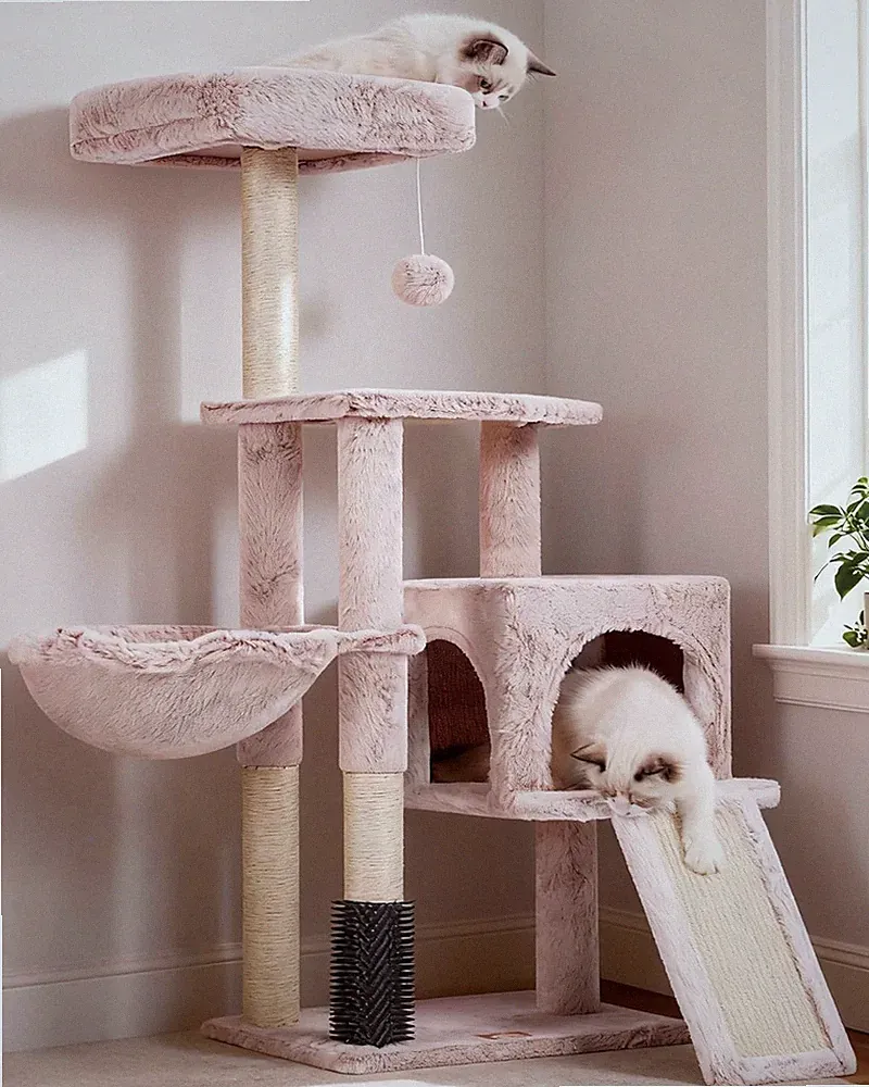 Katzenkratzbaum mit Selbst-Groomer, Spielball, Korb, Plüsch, stabil