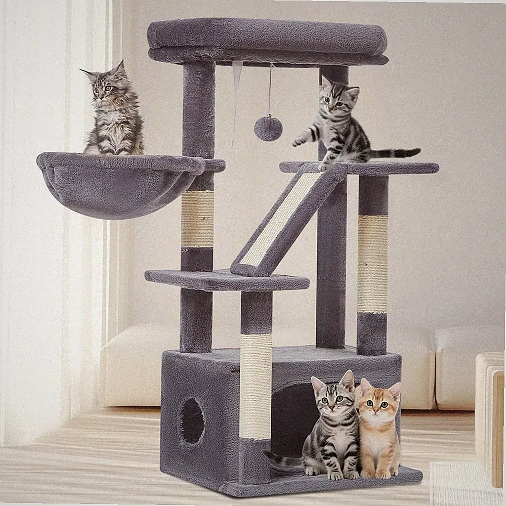 Katzenkratzbaum Multifunktional 98 cm mit Höhle, Hängkorb & Sisal – Stabil