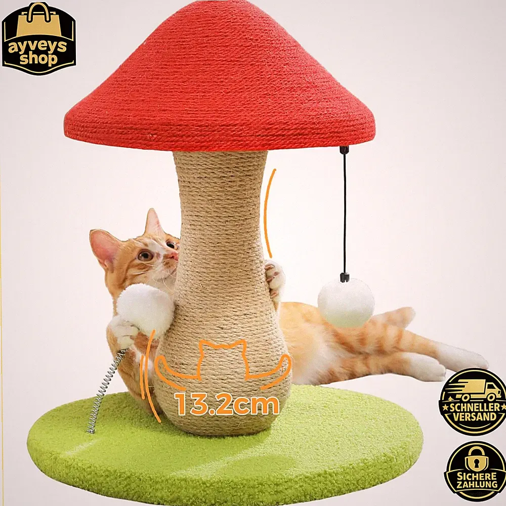 Katzenkratzbaum Pilz 100% Sisal mit Pompons Katzenspielzeug für Wohnungskatzen