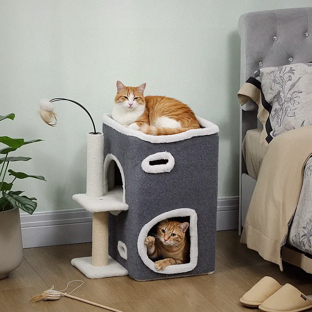 Katzenkratzbaum, Top-Liegefläche, 2-stöckiges Haus, Sisalpfosten, Grau
