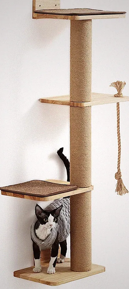 Katzenkratzbaum Wandmontage 127 cm mit Bett, Kratzpfosten & Jute-Module