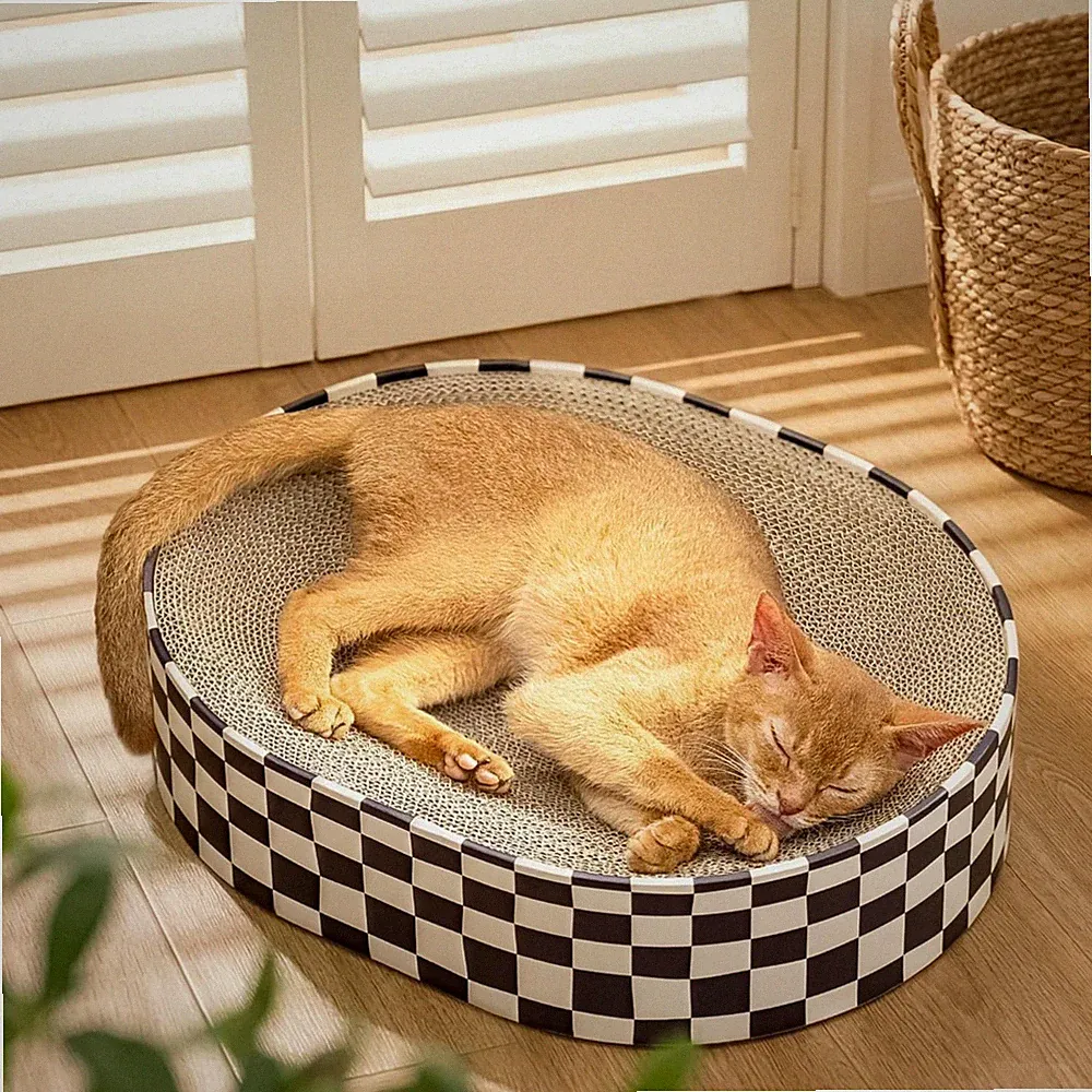 Katzenkratzbrett Katzenbett Kratzbaum 2-in-1 oval Holz Kratzschale