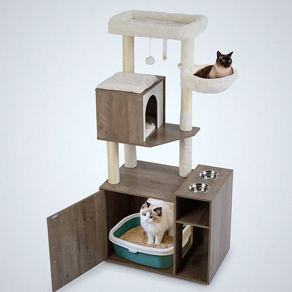 Katzentoilette Gehege mit Sisal Kratzbaum und Matte - Grau