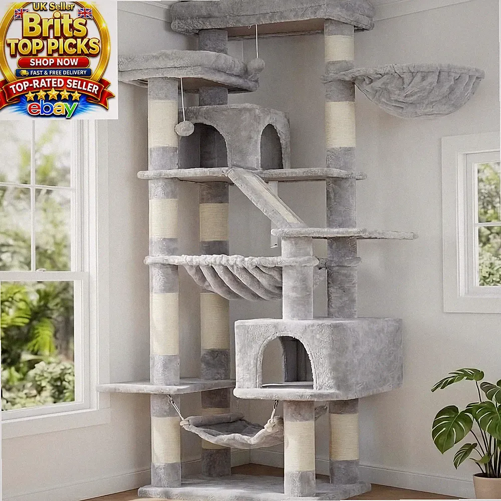 Katzenturm 180 cm hoch Baumkratzbaum Eigentumswohnung Hängematte Sitzstange grau Indoor UK