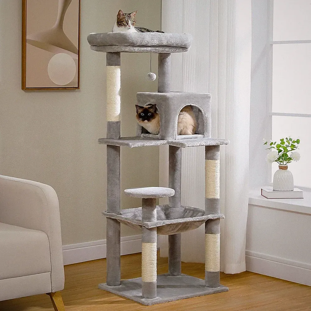 Katzenturm für große Katzen, 143 cm, Grau, Plüsch-Hängematte, Sisal-Kratzpfosten