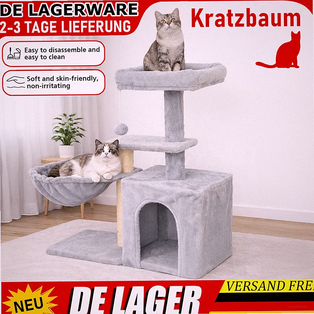 Katzenturm mit Plüsch, Sisalpfosten, Höhle oder Liegefläche in Hellgrau & Grau