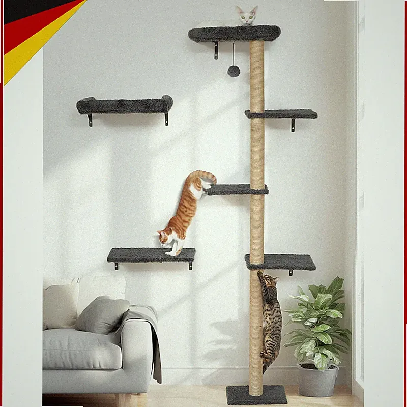 Kletterwand Katzen-Set 178cm Hoch Kratzbaum Massivholz mit 2 Regalen Katzenmöbel