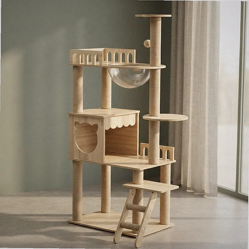 Kompakter Katzenturm mit transparentem Raumschiff und mehreren Ruheplätzen - 135 cm