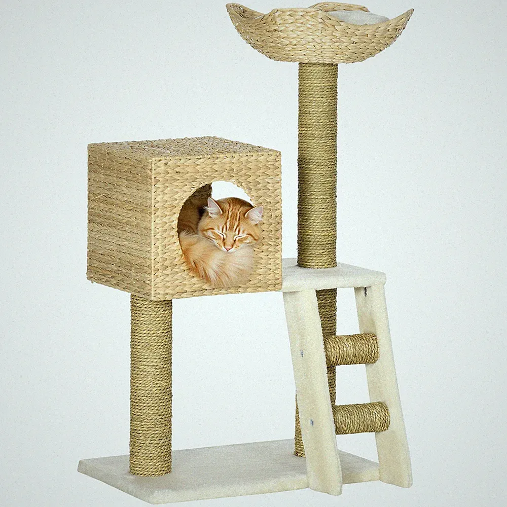 Kratzbaum 100,5 cm Katzenbaum mit Katzenhöhle, Bett, Treppe, Kissen, Natur