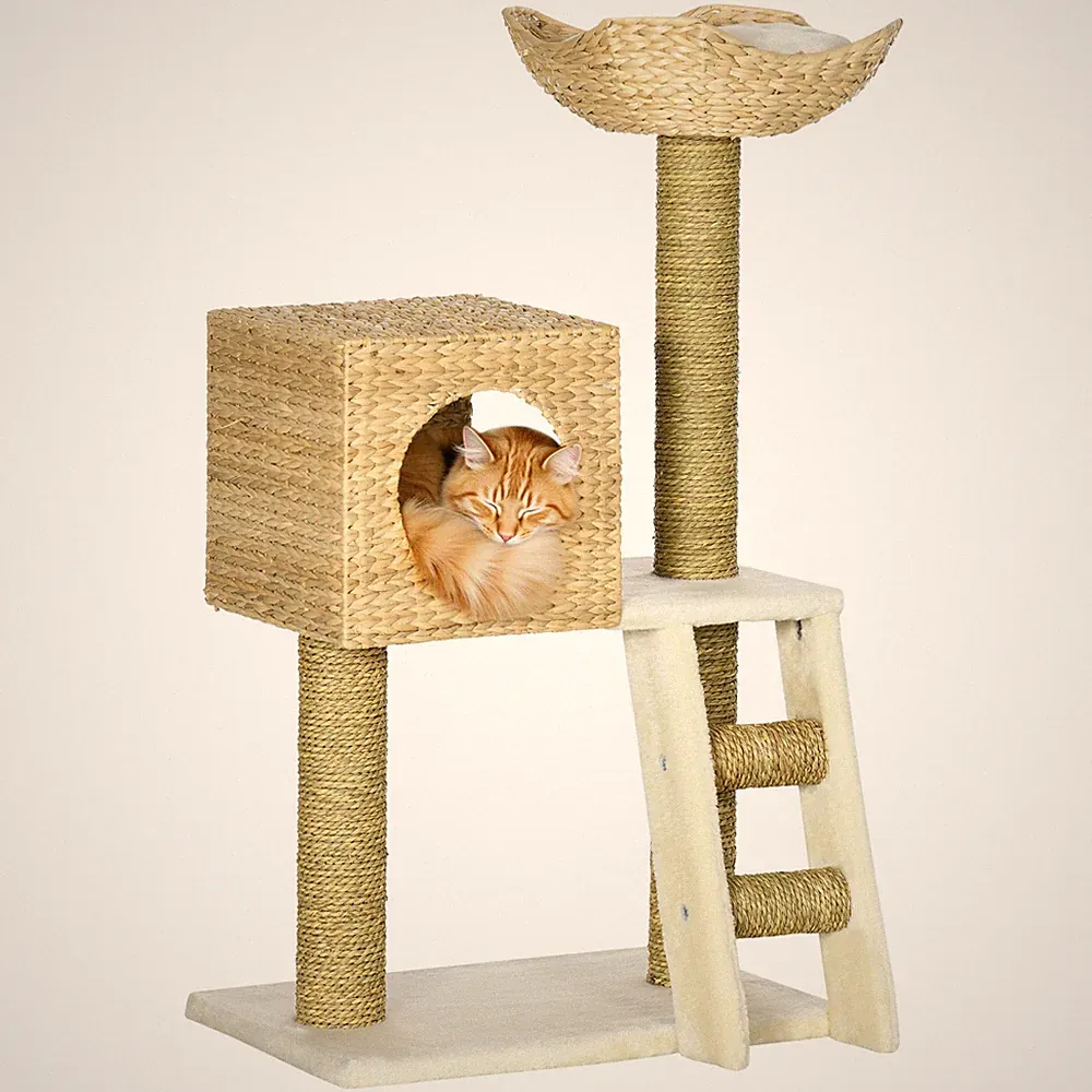 Kratzbaum 100,5 cm Katzenbaum mit Katzenhöhle, Bett, Treppe, Kissen, Natur