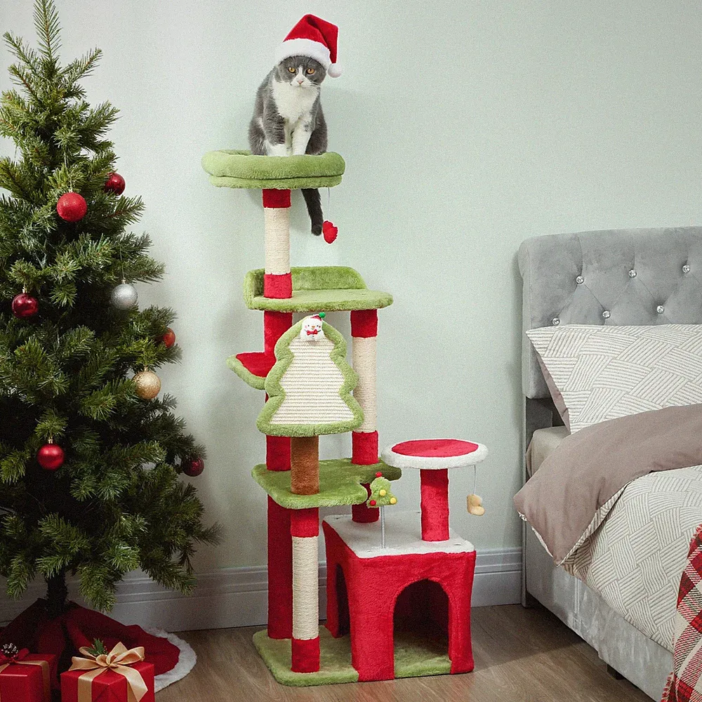Kratzbaum, 120 cm weihnachtlicher Katzenturm mit 3 Kratzbäumen, Kratzbrett