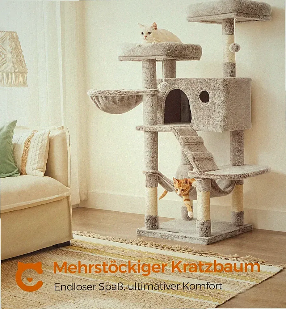 Kratzbaum 135 cm mit Kippschutz & Kuschelhöhle | Beige oder Grau |Stabil & weich
