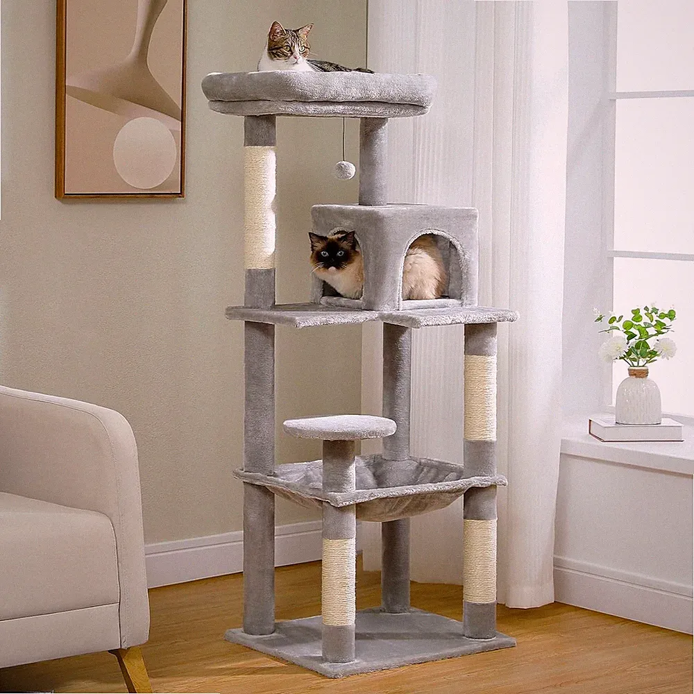 Kratzbaum 143 cm Stabil Grau Katzenbaum mit Hängematte 6 Ebenen Katzenhaus