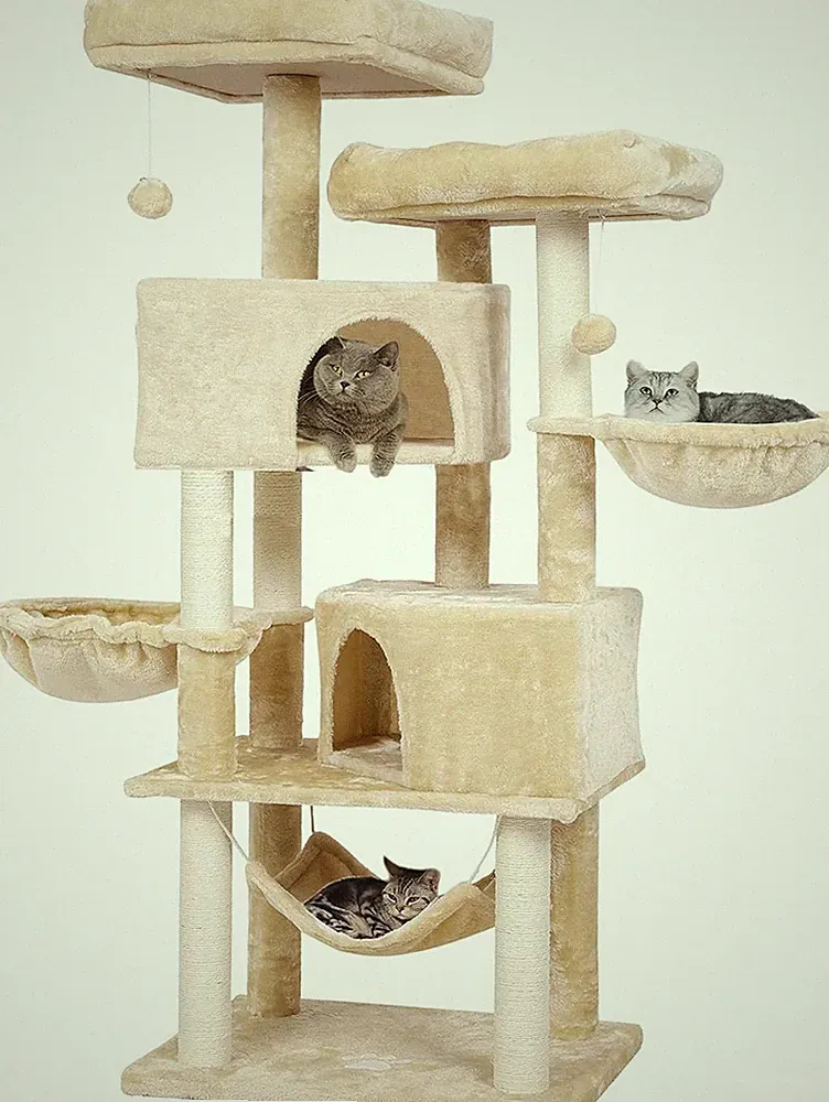Kratzbaum 153 cm für große Katzen mit 2 Höhlen, 2 Liegeflächen & Sisal