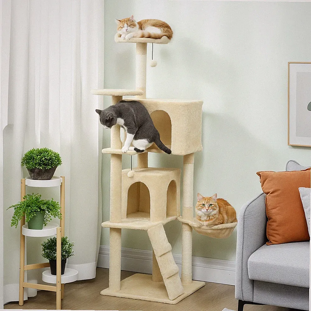 Kratzbaum 160 cm Katzenturm mit Hängematte, Leiter, Höhle, 2 Plüschballen, Sisal