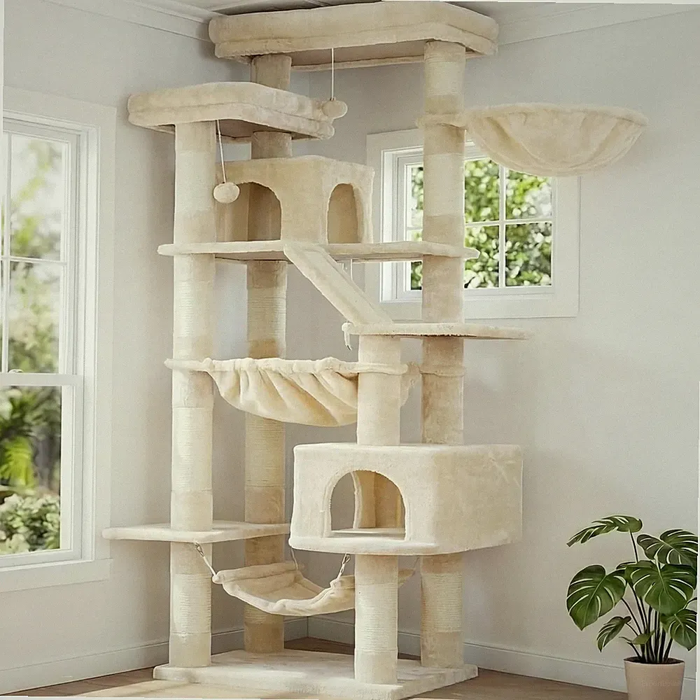 Kratzbaum 180 cm für Katzen mit 2 Schlafhöhlen 2 Plattformen Beige, 2