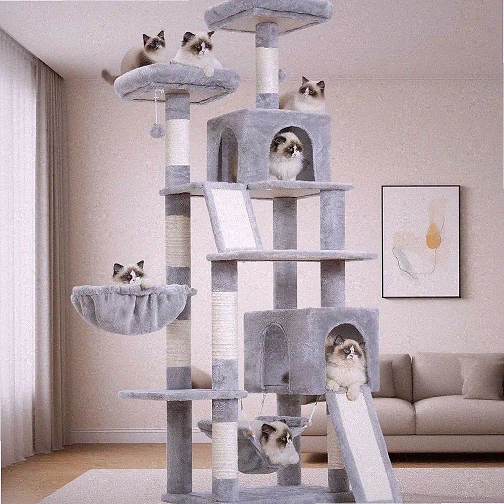 Kratzbaum 180cm Große Ausgewachsene Katzen 2 Kratzbretter Höhlen Plüsch Grau