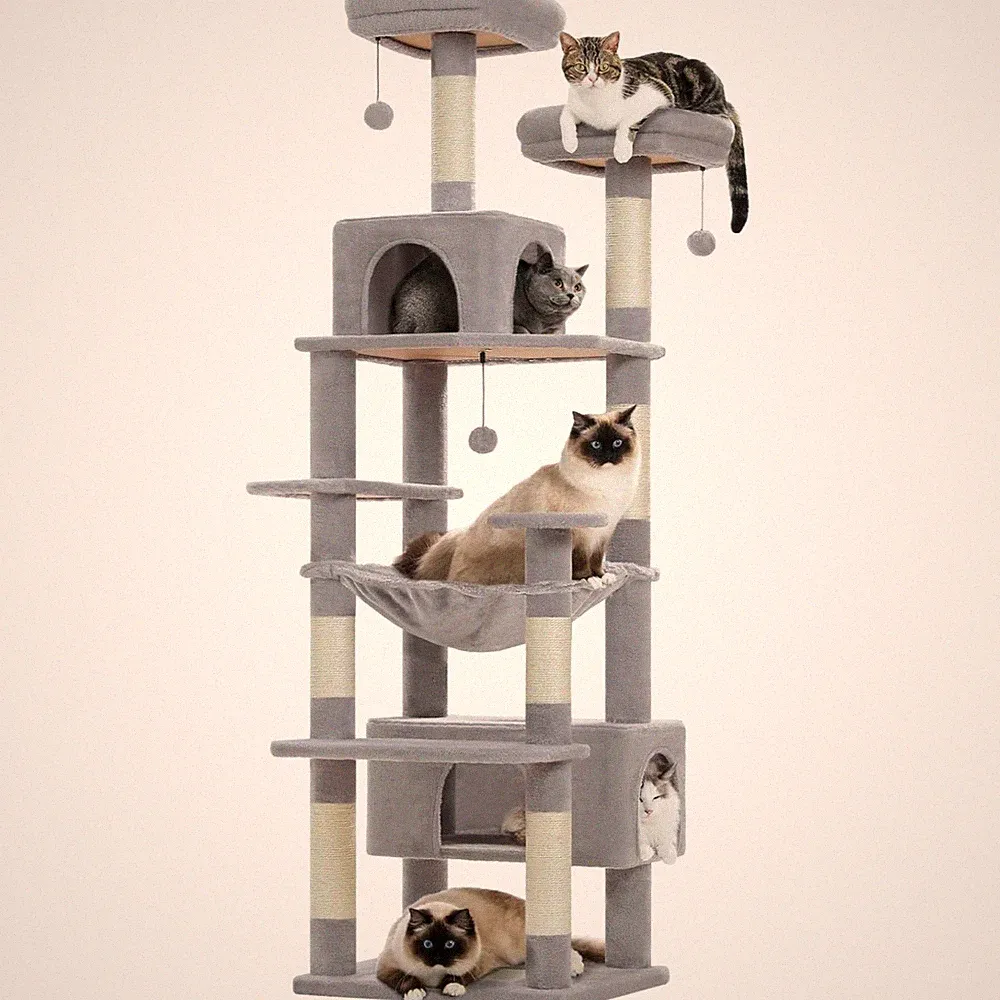 Kratzbaum, 184cm für große Katzen, stabil, mit Hängematte & Höhle, Grau | für...