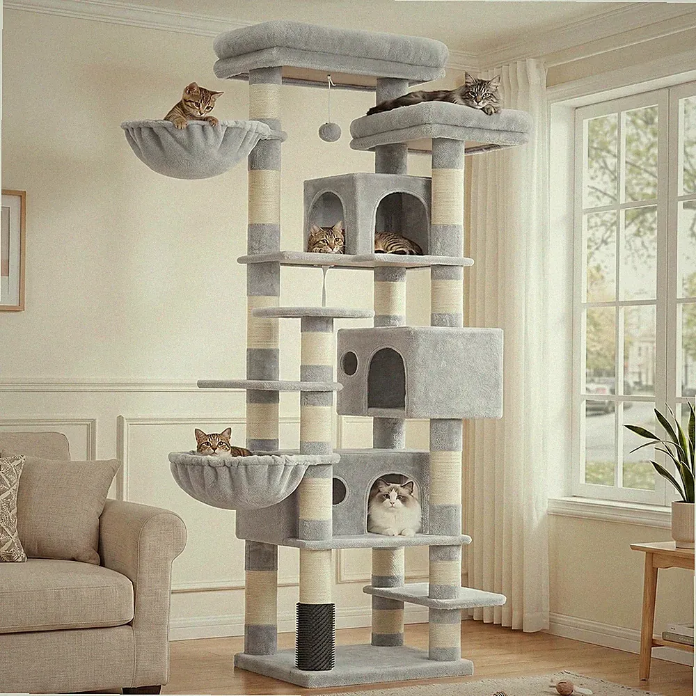 Kratzbaum 188cm XXL Katzenbaum mit Höhlen Plattformen Körben Sisal Hellgrau
