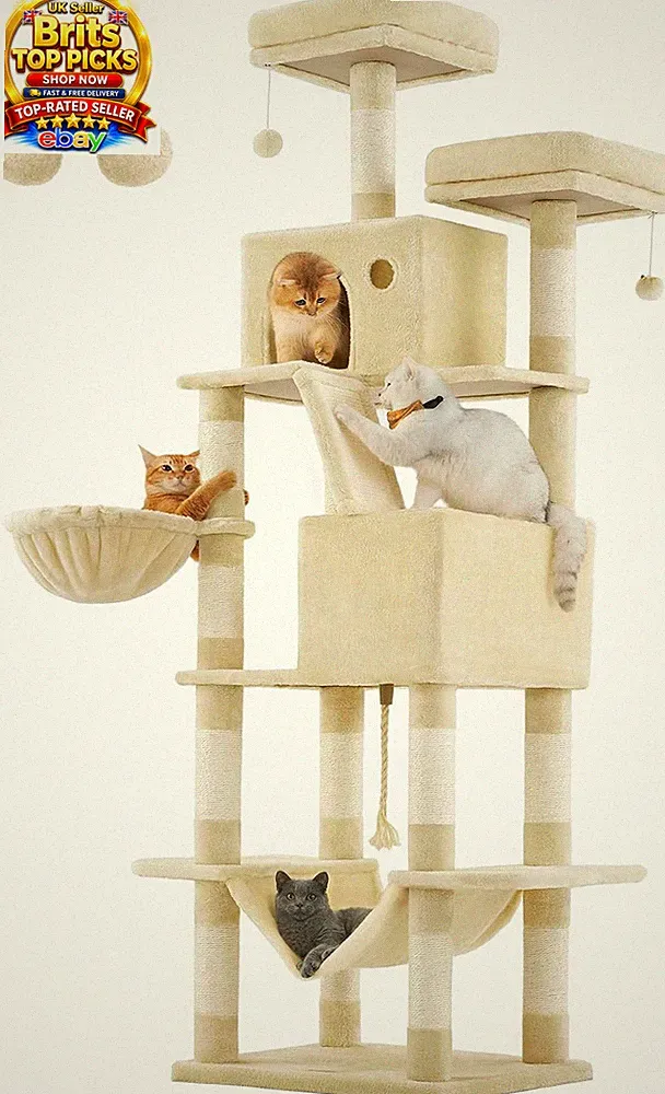 Kratzbaum 203 cm XXL Turm 13 Kratzbäume Eigentumswohnung Hängematte Rampe große Katzen UK
