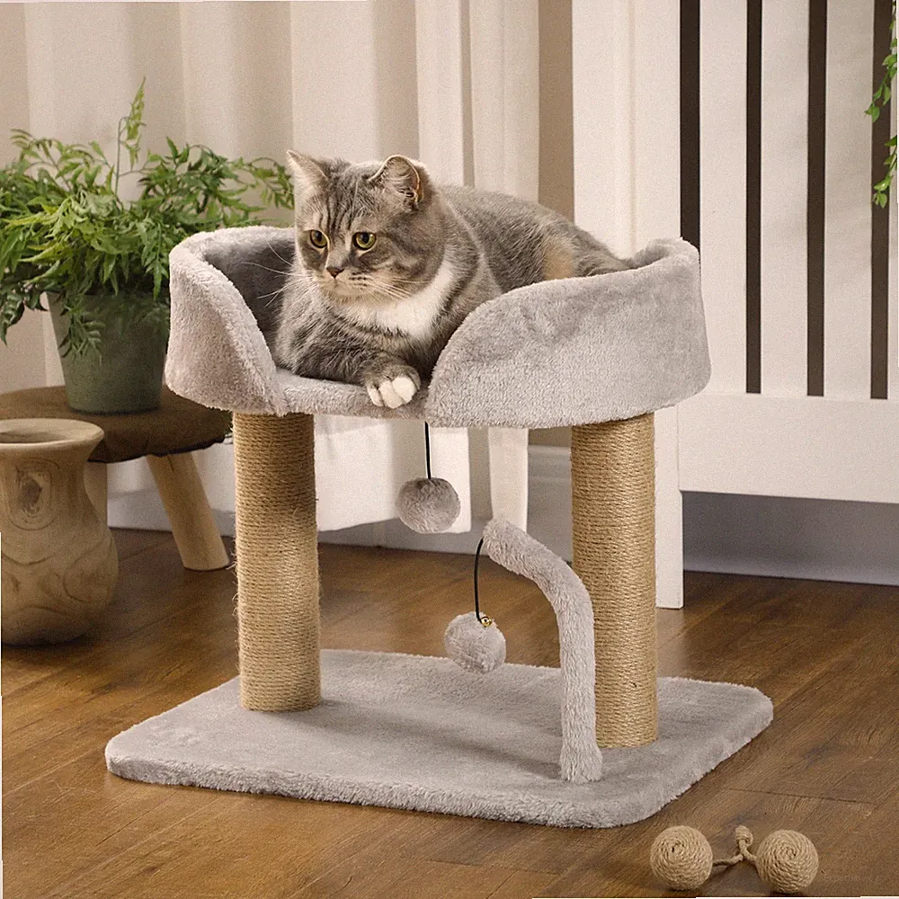 Kratzbaum, 42 cm kleiner Katzenbaum mit Jute-Kratzpfosten, Plattform, Grau