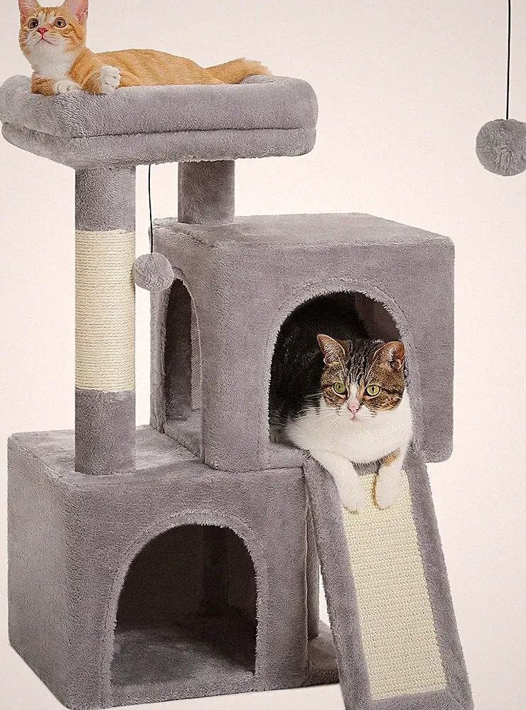 Kratzbaum 77 cm mit 2 Höhlen für Wohnungskatzen, All-in-One-Katzenhaus