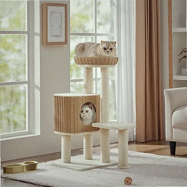 Kratzbaum 91 cm H Rattan-Optik Liegeplatz & Katzenhaus & Plüschball & Decke