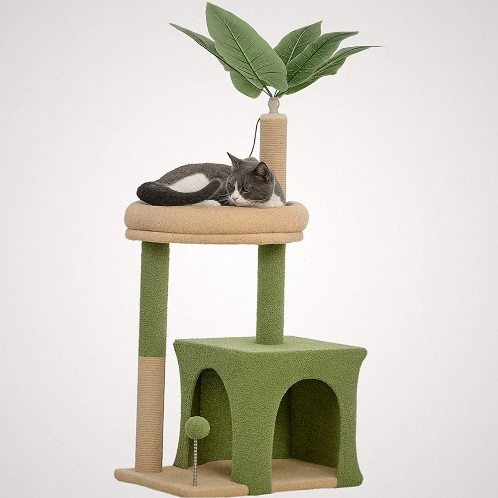 Kratzbaum 98 cm hoch Katzenbaum mit Höhle, Katzenbett Blätter-Design, Jutestämme