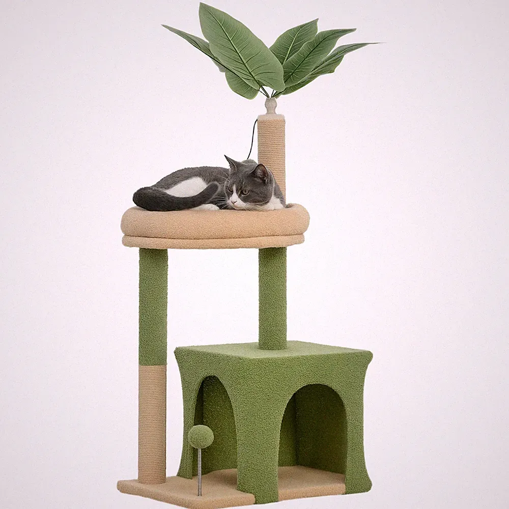 Kratzbaum 98 cm hoch Katzenbaum mit Höhle, Katzenbett Blätter-Design, Jutestämme