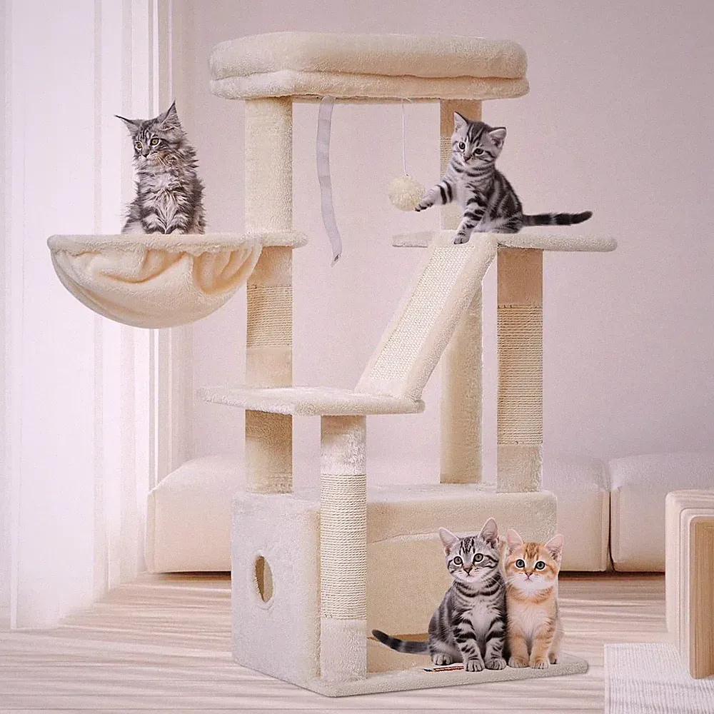 Kratzbaum 98cm Katzenbaum für Wohnungskatzen Kätzchen 4 Kratzsäulen Beige Brett