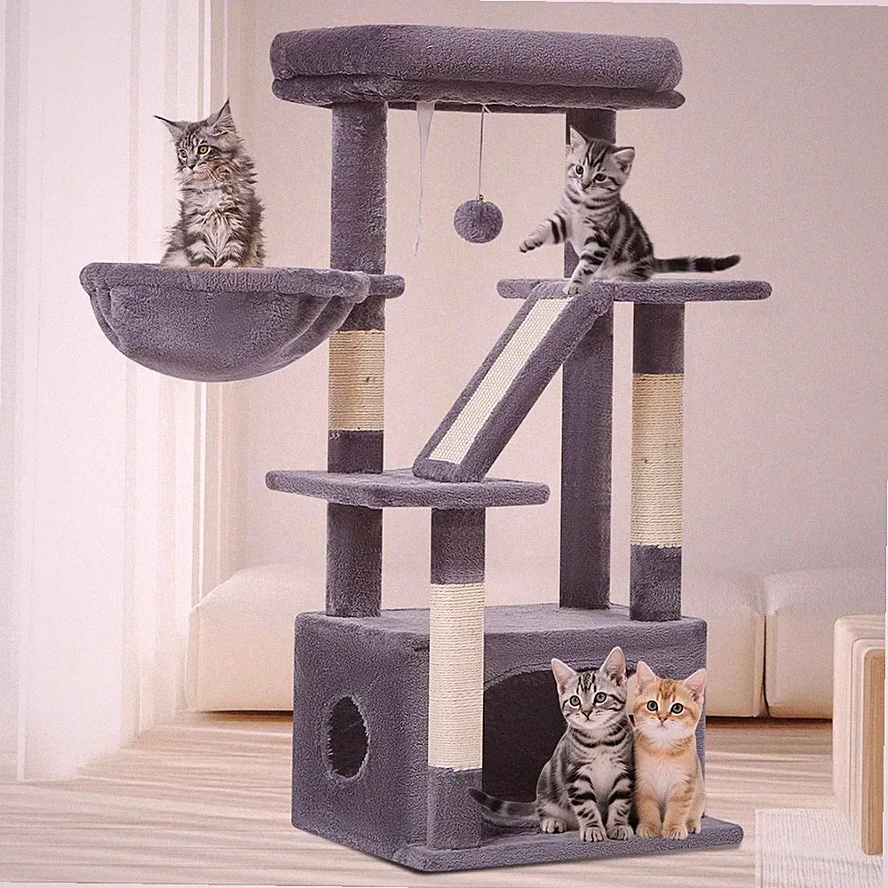 Kratzbaum 98cm Katzenbaum für Wohnungskatzen Kätzchen 4 Kratzsäulen Brett Plüsch