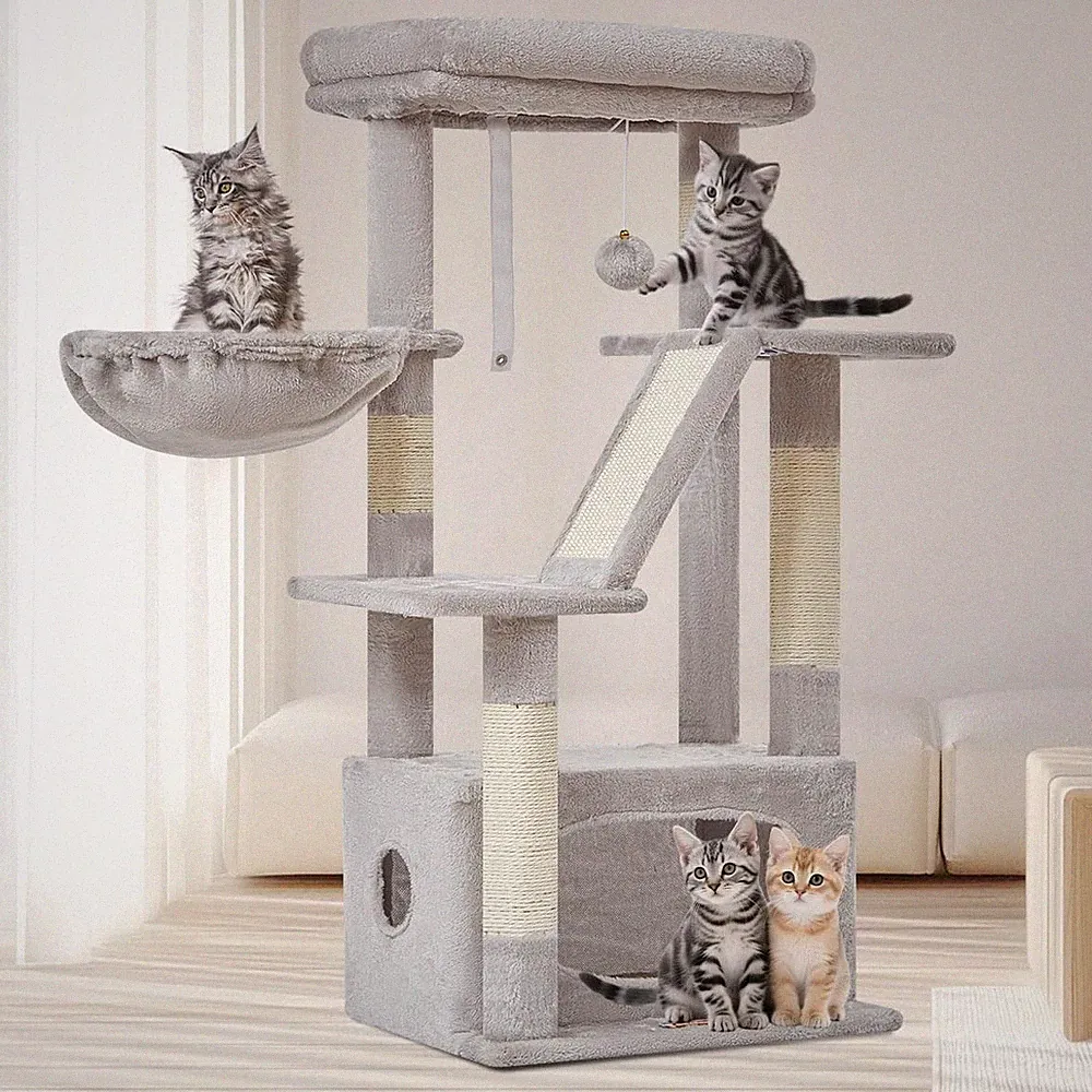 Kratzbaum 98cm Katzenbaum für Wohnungskatzen Kätzchen 4 Kratzsäulen Grau Brett