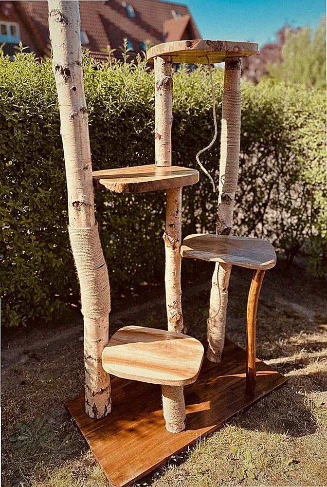 Kratzbaum aus Naturholz - Handgefertigt - Birke & Akazie - Für Innen & Draußen