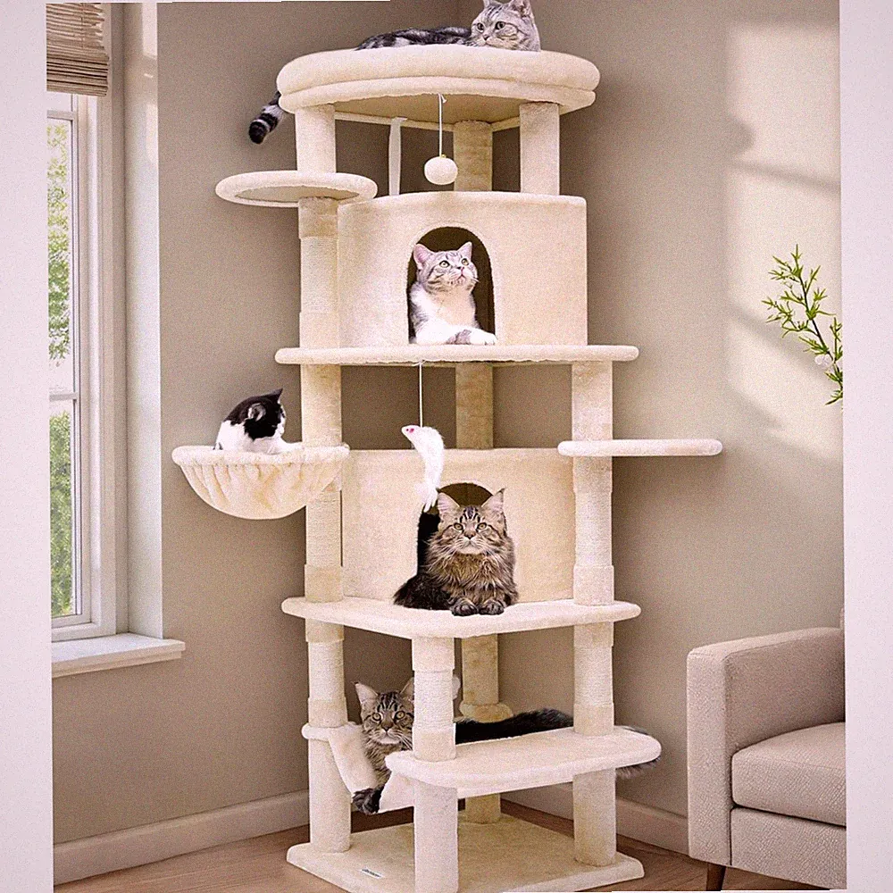 Kratzbaum Beige Groß, Eckkratzbaum Stabil hoch 167 cm mit 2 Sektor Katzenhaus...