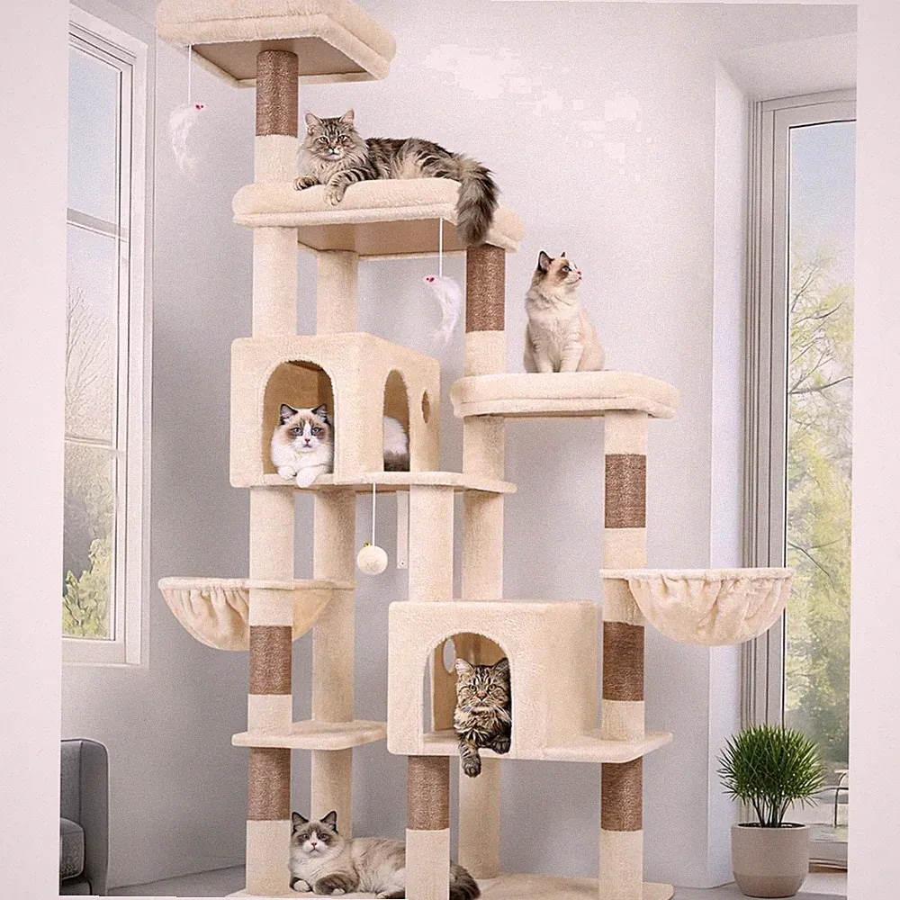 Kratzbaum Beige Große Katzen hoch 189 cm mit 2 Große Katzenhaus 45 * 30CM, 2...