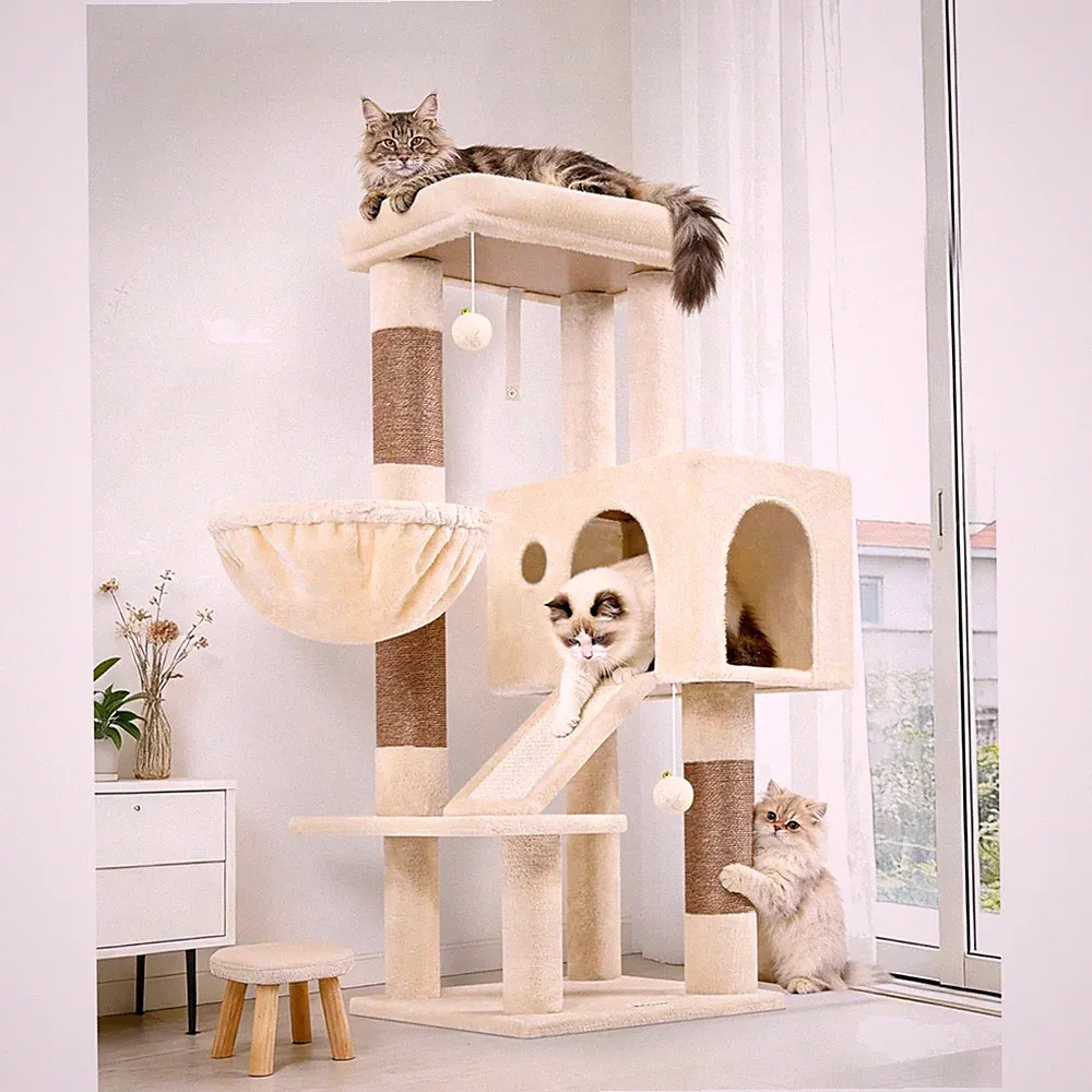 Kratzbaum Beige Stabil mit 8 cm Dicker Stämme, Groß Katzenhaus, Gepolsterte P...
