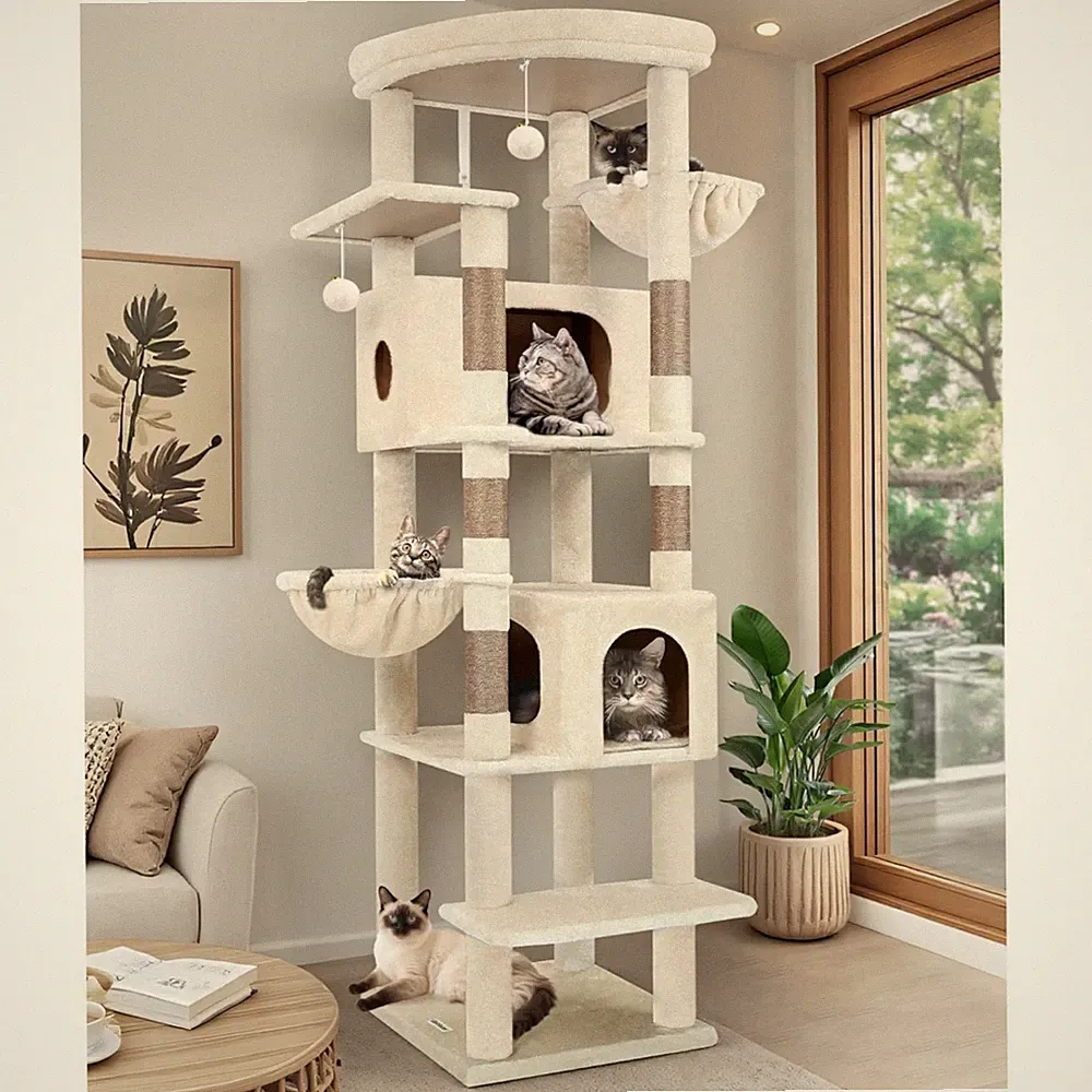 Kratzbaum Beige XXL 188 cm mit 2 Extragroß Katzenhaus 50*30*30 cm, Vergrößern...