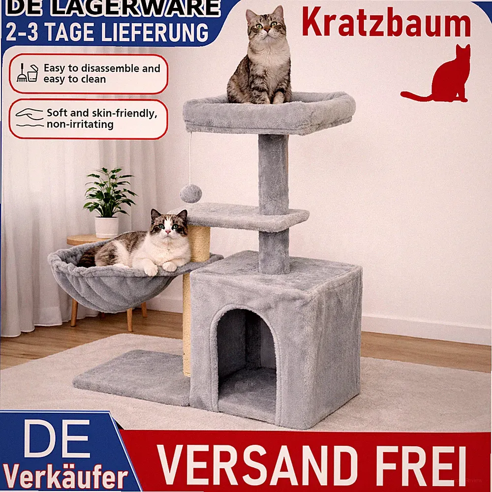 Kratzbaum DE Lagerware mit Plüsch, Sisalpfosten, Höhle oder Liegefläche in Grau