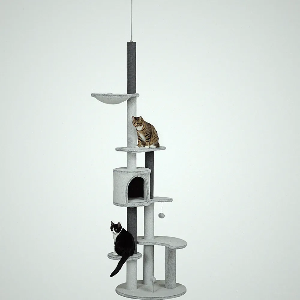Kratzbaum Deckenhoch, 225-255 cm Katzenbaum mit Katzenhöhle, Korb, Grau
