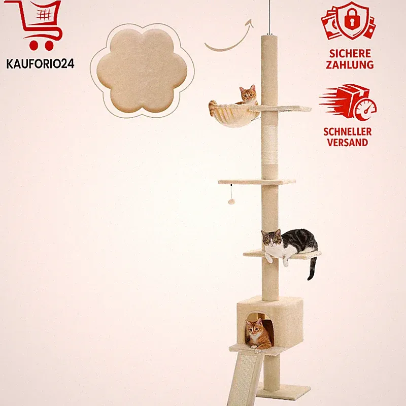 Kratzbaum Deckenhoch Höhenverstellbar 216-273cm Katzenturm mit Hängematte Beige
