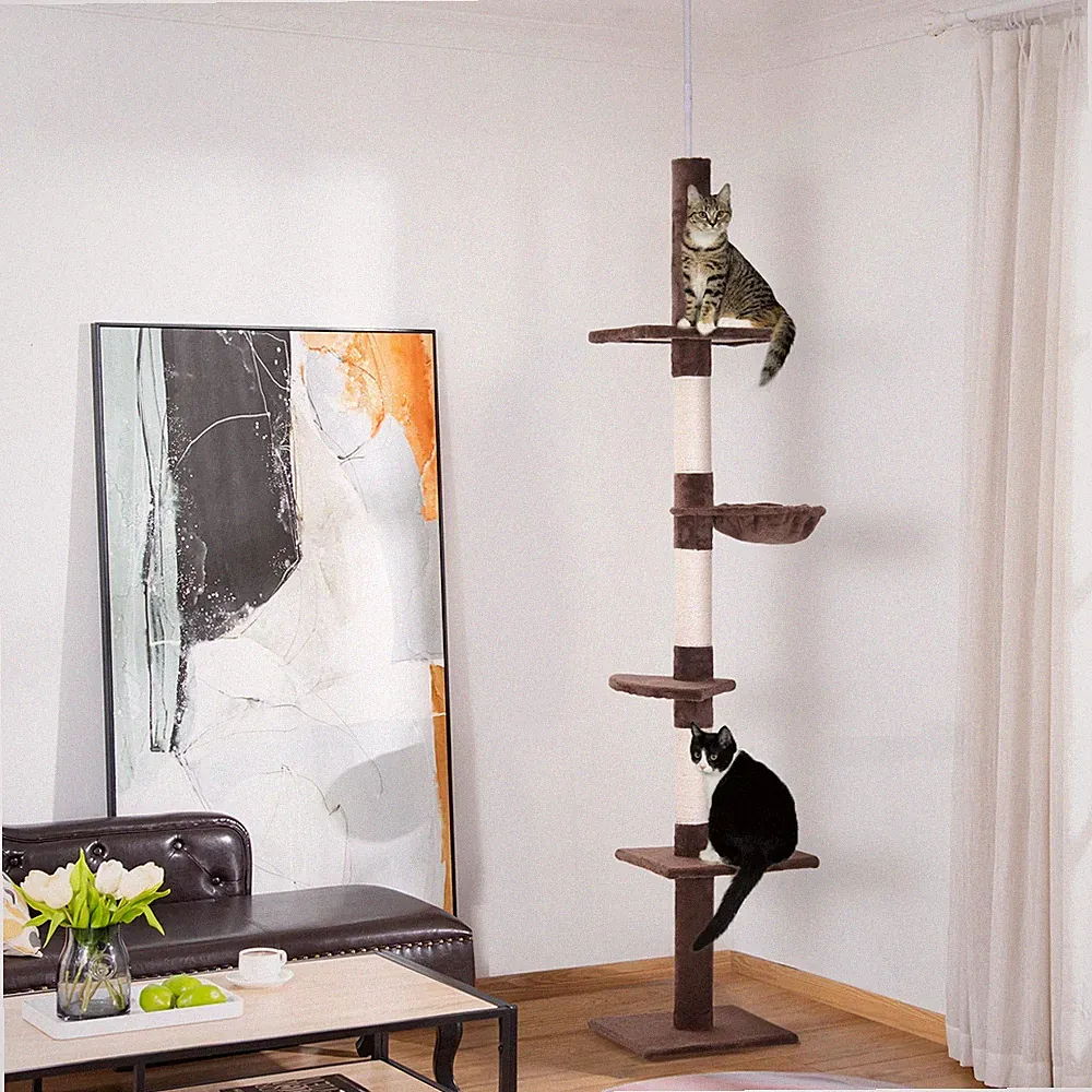 Kratzbaum Deckenhoch höhenverstellbar, stabiler Katzenbaum mit Sisalsäulen Braun