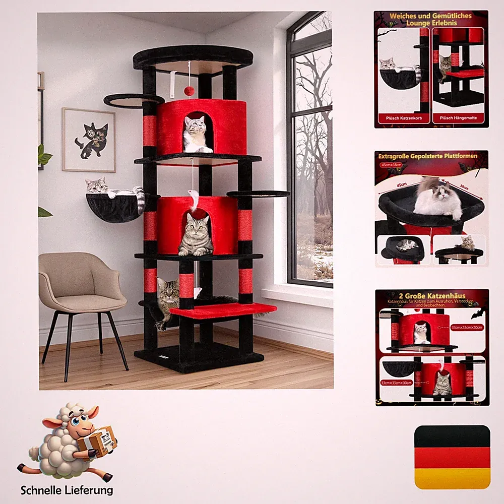 Kratzbaum Eck Katzenbaum 167cm Gotisch Schwarz Rot mit Katzenhaus, Hängematte...