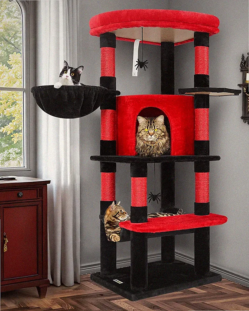 Kratzbaum Ecke Gotisch Schwarz Rot, Eckkratzbaum Stabil hoch 130 cm mit Groß...