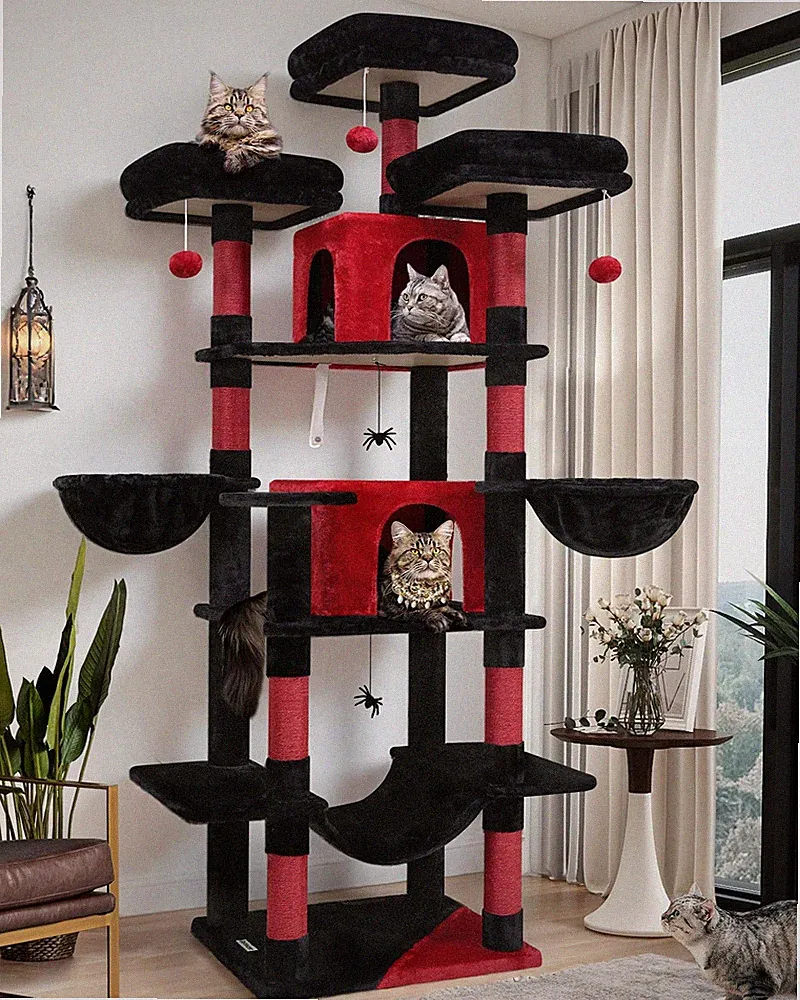 Kratzbaum F80 XXL Schwarz Rot Gothic 204 cm für 2-3 Katzen mit Hängematte, 3