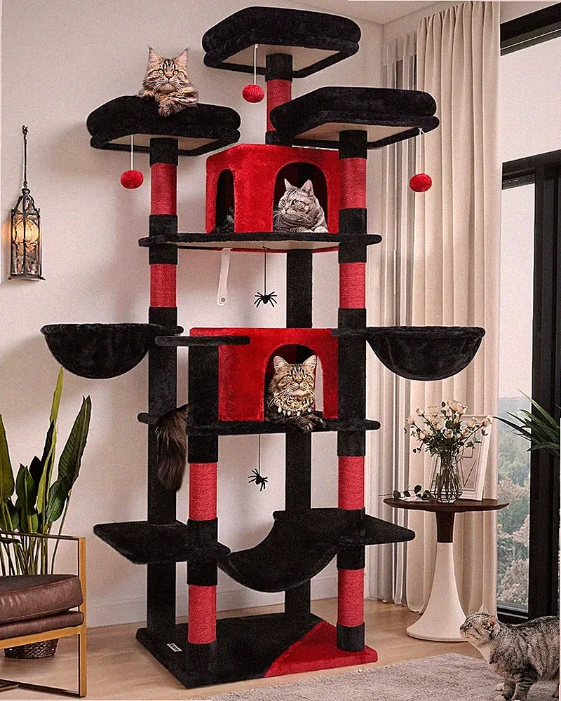Kratzbaum F80 XXL Schwarz Rot Gothic 204cm für 2-4 Katzen mit Hängematte, 3