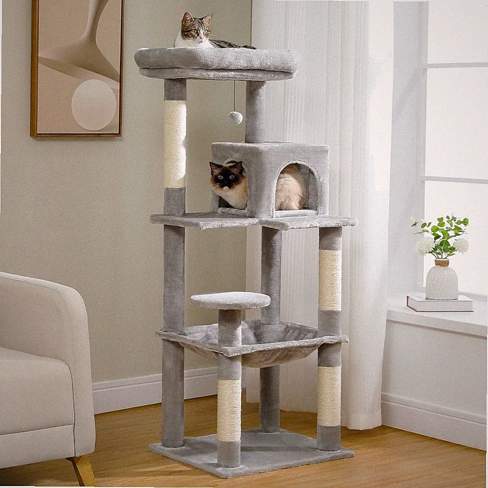 Kratzbaum für große Katzen 143 cm Grau mit Hängematte und Katzenhaus