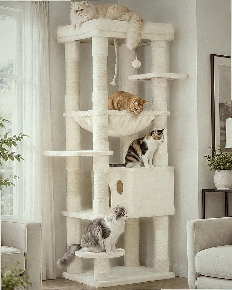 Kratzbaum für Große Katzen mit Decken Höhle und Plattformen 50x50x153cm Beige