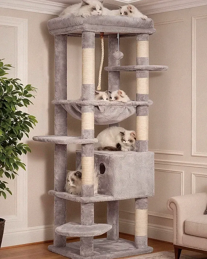 Kratzbaum für große Katzen mit Decken und Höhle 50x50x153cm Hellgrau